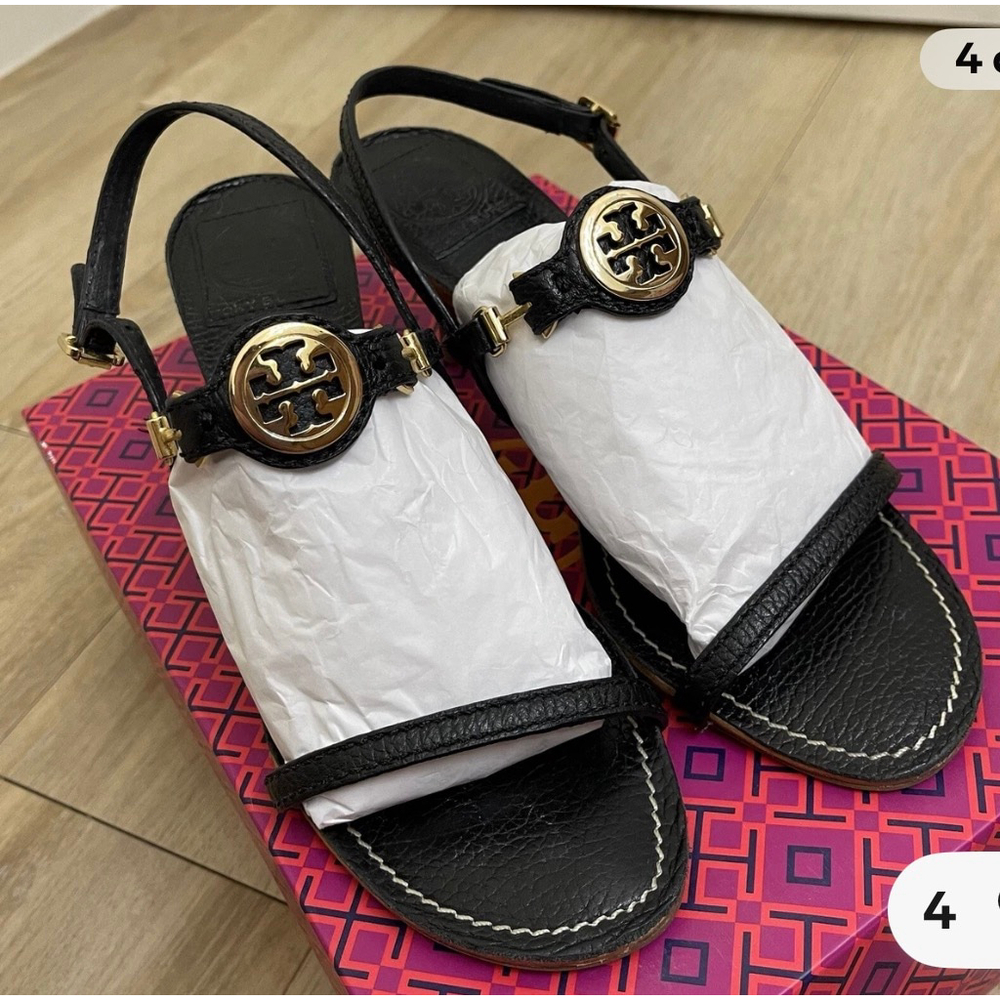 New Tory Burch Black Gold Mira 70mm Tumbled Leather Sandals 9.5 - Picture 3 of 4